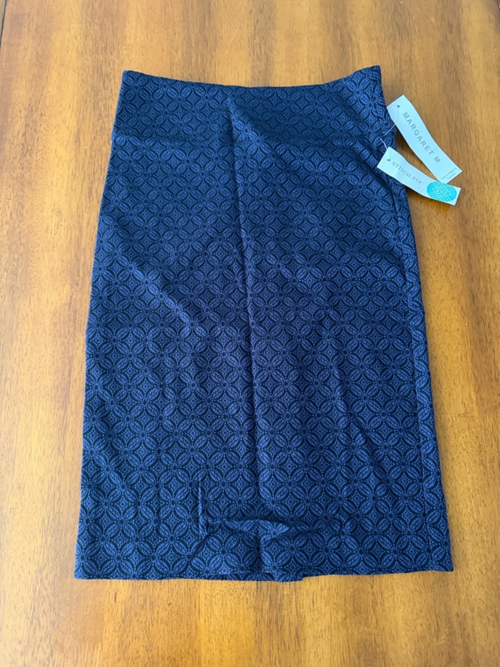 Margaret M Navy Textured Geometric Pencil Skirt